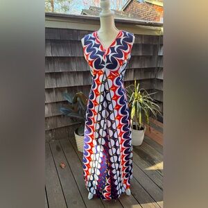 Vintage mod maxi dress geometric print red whiter blue yellow empire waist Sz M